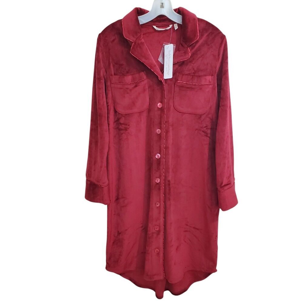 Soft Surroundings Velour SleepShirt Women XS Button Up Nightgown Pomegranate NEW